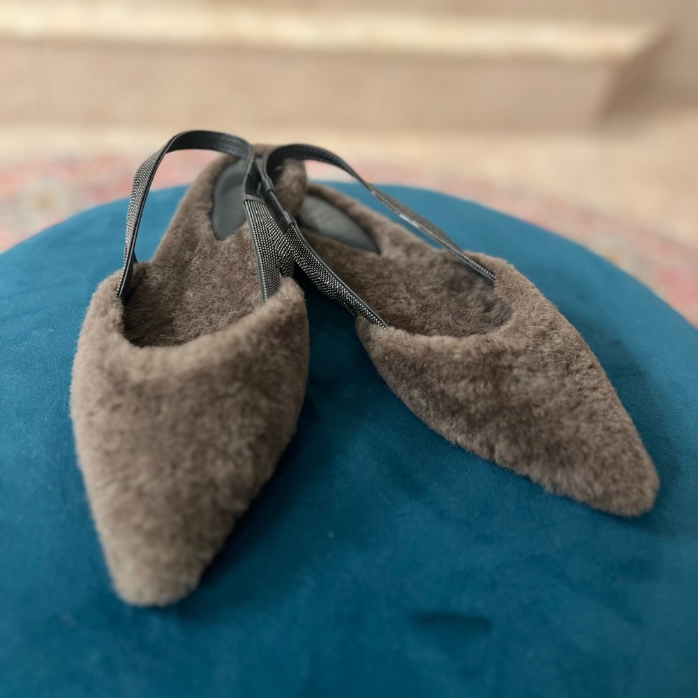 Brunello Cucinelli Brown shearling pointy toe sling back with monili beads